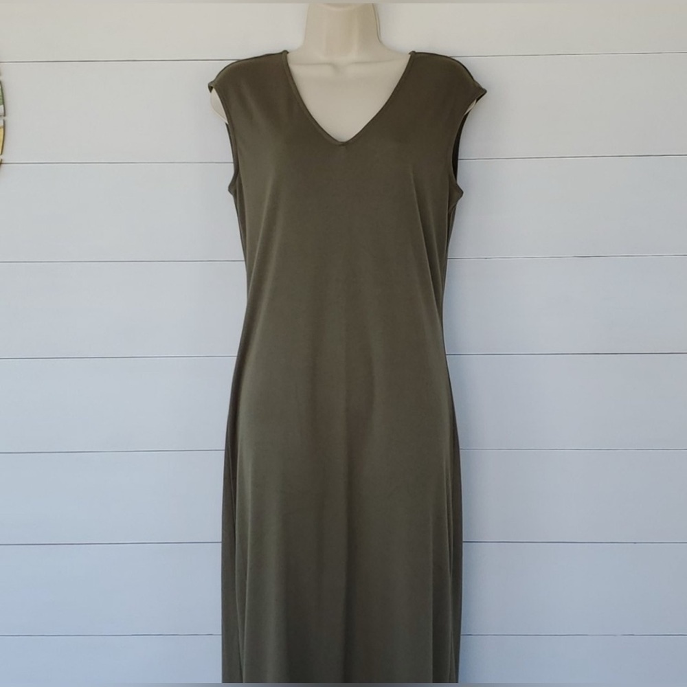 G.I.L.I. Olive Green Sleeveless Asymmetrical V-Neck Dress – Size M - Picture 3 of 12